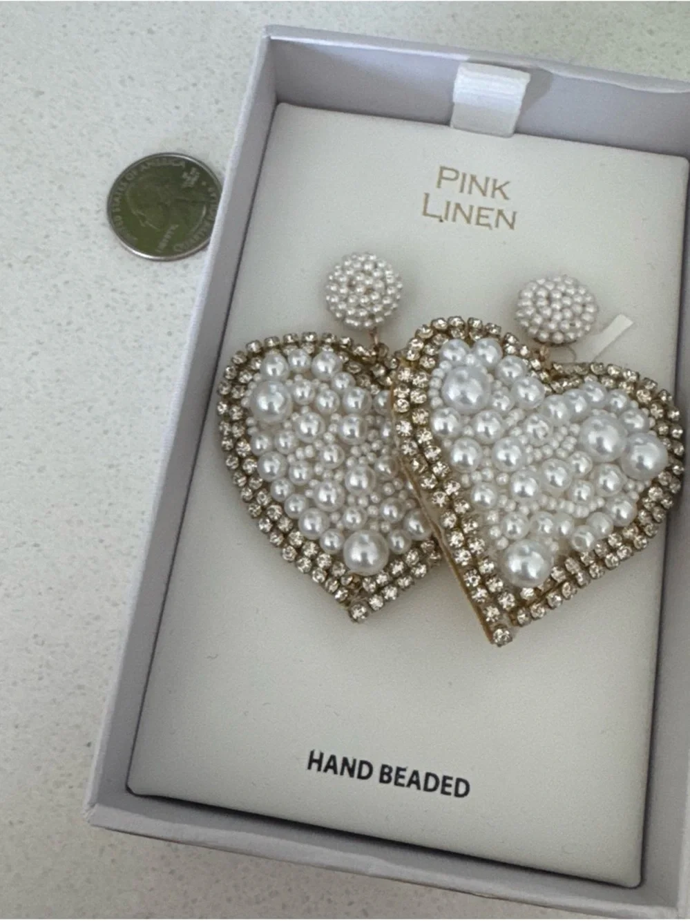Hand-Beaded Pearl Heart Drop Earrings with Gold Rhinestone Trim